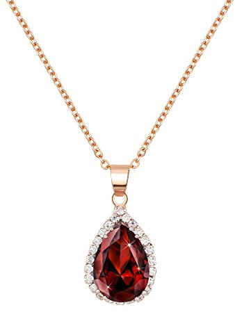 Linawe Ruby Rose Gold Chain Necklace for Women Trendy, Red Crystal Pendant Imitation Diamond Necklace, Boho Costume Jewellery Cubic Zirconia Birthstone Rhinestone Set