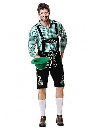 Beokeuioe Oktoberfest Kostüm für Herren Tiroler, Lederhose hemd Hut Set Bayrisch Oktoberfest Kostüm für Erwachsene Oktoberfest Outfit Verkleidung für Partys, Karneval Halloween