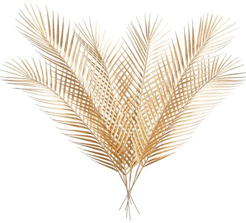Hollyone 6PCS 30'' Gold Palm Leaves, Large Artificial Leaves Tropical Fake Palm Leaf Stems, Decorative Faux Plants for Jungle Party, Wedding Decorations, Floral Arrangements, Home Decor