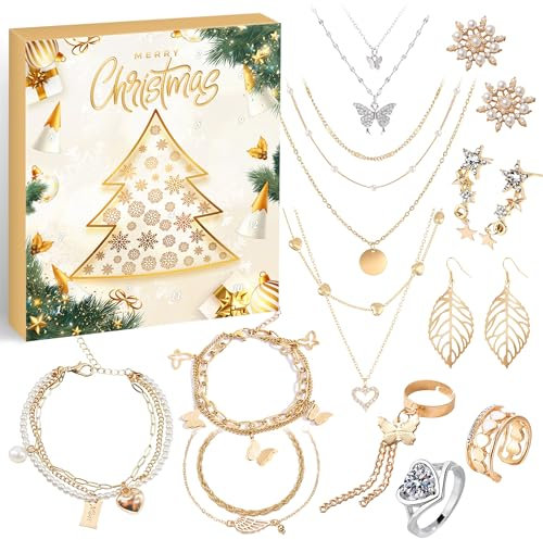 ZJTAPE Schmuck Adventskalender Frauen 2024 Mädchen Weihnachtskalender, 12 Überraschungen - Armband Halskette Ring Ohrringe, Countdown Kalender, Damen Schmuck Set