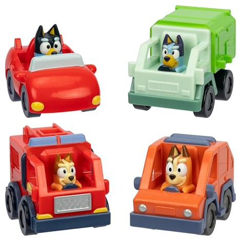 BlueY Mini-Rennwagen 4er-Pack mit Müllwagen und Feuerwehrauto | Vier beliebte Bluey-Fahrzeuge im Kleinformat: Müllwagen, Feuerwehrauto, Cabrio und Familienwagen; ab 3 Jahren