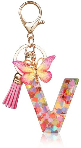 OSDUE Schlüsselanhänger für Damen, Alphabet Schlüsselanhänger, Mädchen Schlüsselanhänger, Rosa Schlüsselanhänger, Schmetterling Schlüsselanhänger Buchstabe für Frauen Mädchen Geburtstag Geschenke, V