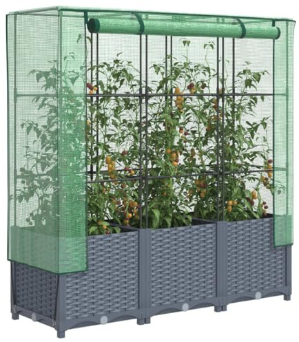 Hovothy Hochbeet mit Gewächshaus-Aufsatz Gartenbeet Gemüsebeet Kräuterbeet Blumenkasten Frühbeet für Garten Pflanzkasten mit Gewächshaus Blumenbeet Pflanzenbeet Dunkelgrau 120x40x138 cm PP