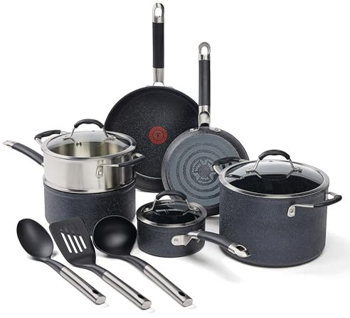 T-fal Stone Force Platinum Non Stick Cookware Set 12 Piece, Oven Broiler Safe 400°F, Kitchen Cooking Set w/Fry Pans, Saucepans, Dutch Oven, Tools, Steamer Insert, Lids, Cookware, Dishwasher Safe Black
