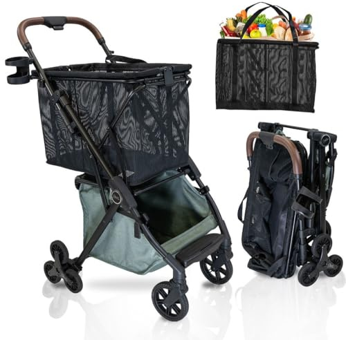 Strolee Persönlicher Luxus-Einkaufswagen mit Treppensteigrädern, Leichter Aluminiumrahmen, abnehmbare Einkaufstasche mit Tragegurt und unterem Stauraum, 34 kg Kapazität, Salbeigrün v2 Treppenräder