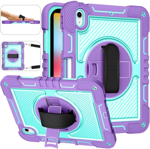 ERDARARIPRO Funda para tablet Apple iPad 10 (2022) de 10,9 pulgadas, bonita funda de dibujos animados a prueba de golpes con soporte giratorio de 360°, correa de mano y soporte para bolígrafo, morado