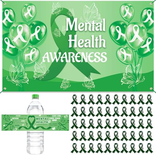 WANDIC Green Ribbon Kit，Green Ribbon Backdrop Banner 50PCS Water Bottle Labels and 50PCS Green Awareness Brooches Kit for Mental Health Awareness