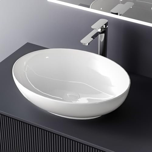 EMKE Lavabo de cerámica ovalado, lavabo para montar, 520 x 395 x 130 mm, lavabo para baño y WC de invitados, blanco brillante, fácil de instalar