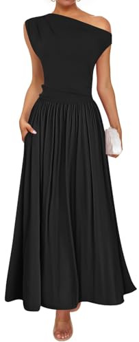 ZESICA Damen-Maxikleid für den Sommer, ärmellos, One-Shoulder, schmale Passform, plissiert, schwingender Rock, mit Taschen, für Freizeit und festliche Anlässe