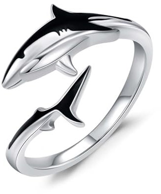 Shusukue Offener Hai-Ring, 925er Sterlingsilber, verstellbarer Hai-Ring, Schmuck für Tierliebhaber, Ozean-Geschenk für Freundin/Tochter/Mutter