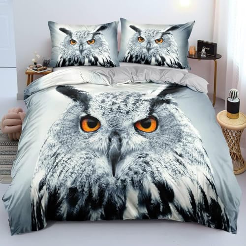 Luowei Tier Bettwäsche 155x220cm Kinder Jungen Eule Motiv Weiß Mikrofaser Bettbezug Set Weich 3D Effekt Bettwäsche 3teilig mit Reißverschluss und 2 Kissenbezug 80x80 cm