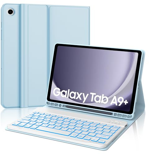 WAVATA Hülle mit Tastatur für Samsung Galaxy Tab A9+ 11 Zoll 2023 mit Beleuchtete, Tastatur für Samsung Tab A9 Plus 2023 Magnetische Bluetooth Abnehmbare QWERTZ Layout, Blau