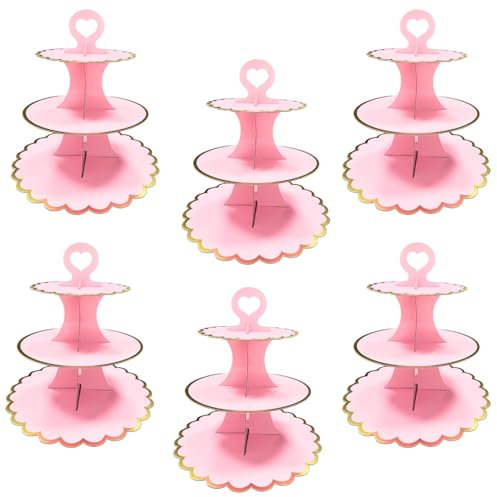 UKoosien 6 Pack Multicolor Cardboard Cake Stand 3 Tier, Afternoon Tea Stands for Wedding Baby Shower Birthday Party, Round Dessert Tower Display (pink)