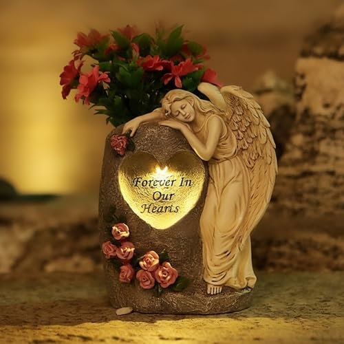 FUFRE Grabvase mit Solarleuchten, Wetterfest Grabvase mit Erdspieß aus Kunstharz, Engel Solar Friedhofsvase, Grabvasen Friedhof, Grab-Vasen, Vaseneinsatz Friedhof, für Grabstein Deko (Weiß)