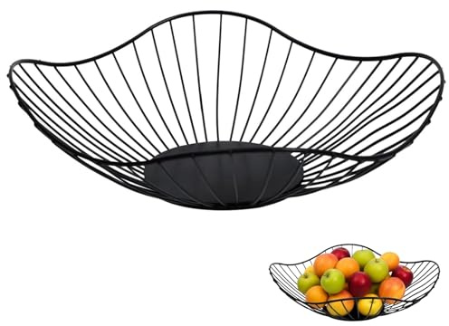 Zykphao Black Metal Fruit Bowl Basket - Large Rust-Resistant Wire Fruit Holder for Kitchen Counter, Modern Home Decor & Table Centerpiece (Shallow)