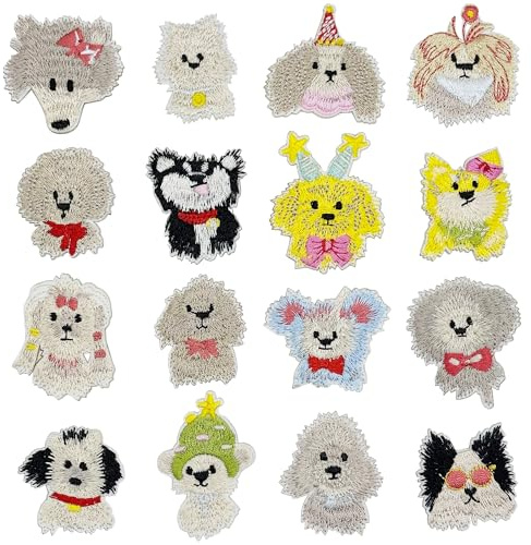 Attuslla 16 PCS Sew on Patches, Teddy Dog Iron On Patches Repair Patches Kit for Jeans Jackets Clothes Backpack Cap DIY Crafts Sew Making