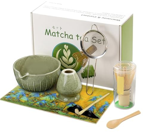 XPJBKC Matcha Whisk Set, 8PC Matcha Tea Kit, Reusable Bowl, Whisk Holder, Powder Strainer, Gift for Beginners and Enthusiasts (Pumpkin Base)