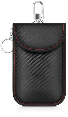 MAPASU Faraday Custodia per chiavi dell'auto, custodia RFID con blocco del segnale con gancio, motivo in fibra di carbonio, protezione impermeabile senza chiave, nera con cuciture rosse (M)