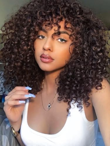 LIZZY Perruque afro courte bouclée avec frange pour femme noire, cheveux synthétiques africains, sans colle, résistant à la chaleur, volumineux, bouclés (marron)