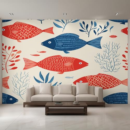 Generisch Tapete Fisch, Fototapete Pflanzen Japanisch, Vliestapete für Schlafzimmer Wohnzimmer, Wand Deko Tapeten, Wandverkleidung 366x254 cm D&O74