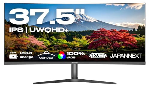 JapanNext Gebogener Monitor 37,5 IPS UWQHD+ (3840x1600) | HDR | USB-C-Laden (65W) Höhen- & Neigungsverstellbar Integrierte Lautsprecher | 100% sRGB G-Sync/FreeSync | JN-IPS375UWQHD+75F-C65W-HS