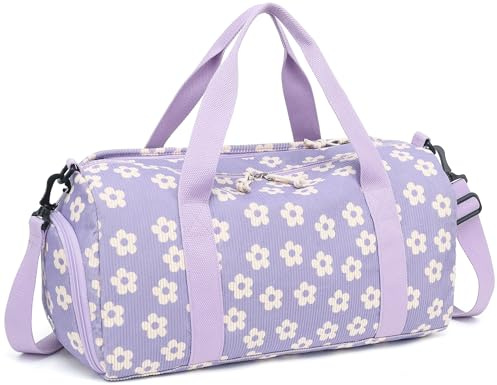 LEDAOU Sporttasche Kinder, Schwimmtasche, Reisetasche, Schuhfach, Nassfach (Cord- Lila Blumen)
