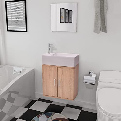 HaoChrymec 3-TLG. Badmöbel-Set mit Waschbecken, Beige, Holzwerkstoff, Badezimmer Set, Badmöbel Set, Badezimmer Möbel Set, mit Spiegel und Unterschrank, Aufsatzwaschbecken, 48 x 25 x 48 cm