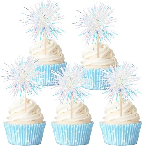 Gleevio 40 Stück Happy Birthday Tortendeko Feuerwerk Weiß,Muffin Deko | Glitzer Cupcake Topper Geburtstag Feuerwerk, Kuchendeko für Hochzeit Geburtstag Weihnachten Silvester Taufe, 7x14cm