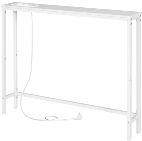 HOOBRO Konsolentisch mit Ladestation, 100 cm Schmaler Beistelltisch, Sofatisch, Eingangstisch, im Wohnzimmer, im Flur, Metallgestell, Weiß EWW52CXG01G1