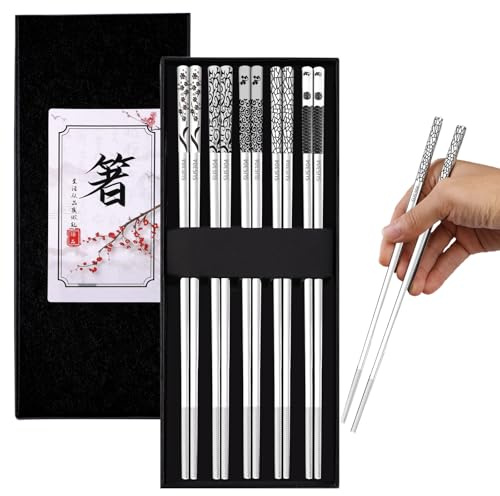 Urker 5 Pairs Metal Chopsticks,304 Stainless Steel Chopsticks | Dishwasher Safe,Reusable,Non-Slip, Great for Sushi, Noodles, and Daily Use in both Restaurants and Homes