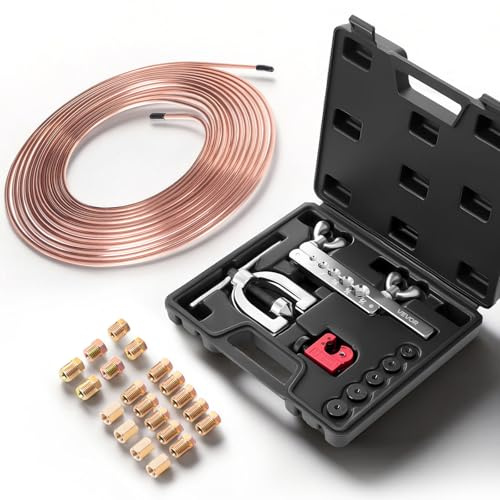 VEVOR Kit Outils d'Évasement de Tuyaux de Freins 45° Dudgeonnière Climatisation Dudgeonnage Simple Double avec Conduite Frein Cuivrée 7,6 m x 4,76 mm, 16 Raccords 4 Unions, Coupe-tube, 5 Adaptateurs