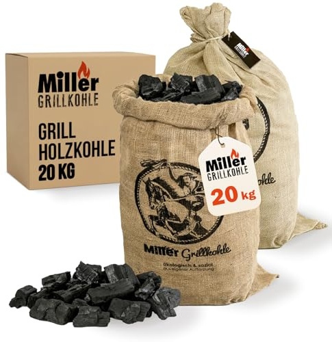 Miller Grillkohle Holzkohle 2 x 10 kg – rauchfrei, Lange Glut & hohe Temperatur – 100% Eukalyptus, nachhaltig im Jutesack