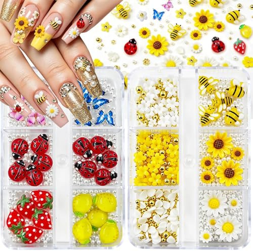 VelvetGlow Nail Charms, 2 Boxes of Cute Summer Nail Charms and Rhinestone Set, Small Bee and Flower Resin Charms for Spring and Summer Acrylic Nail Art