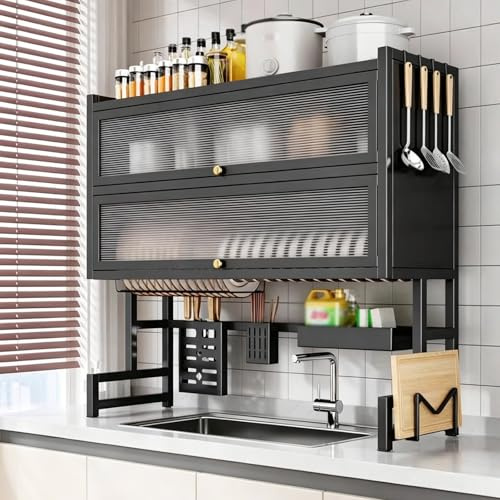 ZUGIATP Escurridor De Platos sobre Fregadero con Tapa Estante para Platos para Organizador De Cocina, Ahorro De Espacio Pla Bandeja Escurreplatos(Black,95cm/37in)