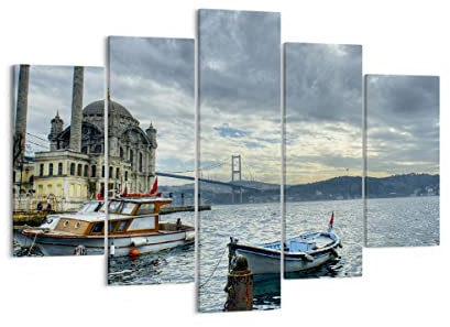 Bilder auf Leinwand 150x100cm Leinwandbild Architektur asien boot brücke Groß XXL Wanddeko Bild Schlafzimmer Set 5 teilige Wandbilder Dekoration Wohnzimmer Canvas Wand Kunstdruck Art EA150x100-2102