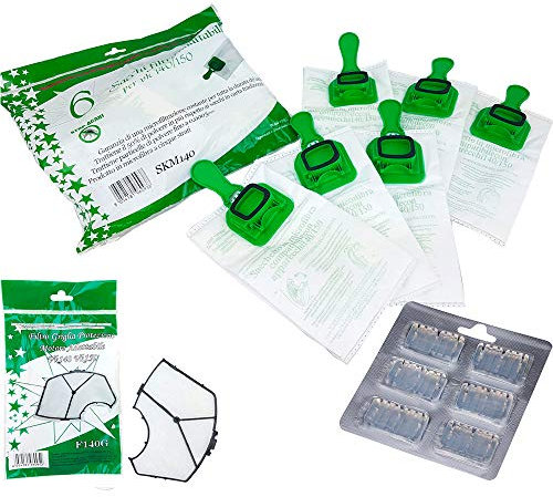 Sacchetti in Microfibra per aspirapolvere Vorwerk Folletto modelli vk140 - vk150 + Blister di Profumatori + Filtro Griglia Garantiti S&G group (6 Sacchetti + 6 Profumatori + 1 Filtro Griglia)
