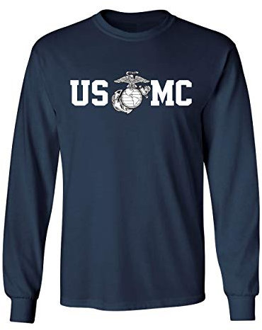 Lucky Ride Marine Corps Bull Dog Front and Back USMC Men's T-Shirt Longsleeve - Blue - Medium