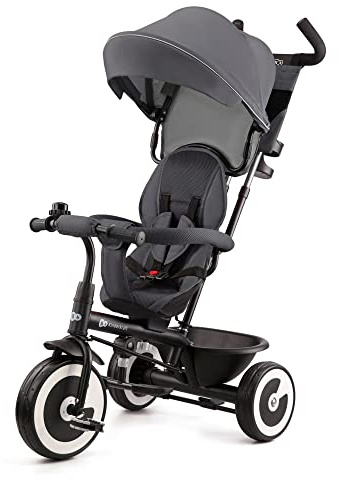 kk Kinderkraft Dreirad ASTON Kinderdreirad Jogger mit Zubehör Dachfenster Sicherheitsgurte Zwei Lenker Freilaufrad Schubstange ab 9 Monate bis 5 Jahre Bequemer Sitz, grau