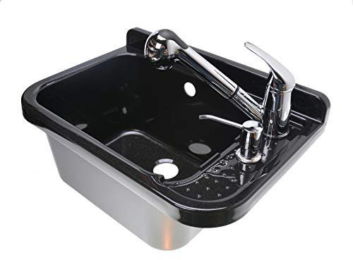 Set Ausgussbecken 60cm Waschbecken Schwarz inkl. Ausziehbare Einhandmischer