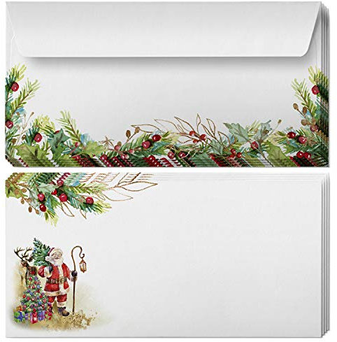 50 Briefumschläge Weihnachten | Weihnachtsmann Vintage | Umschlag DIN lang haftklebend ohne Fenster vollflächig bedruckt | hochwertige Premium Weihnachtsumschläge - 90 g/qm