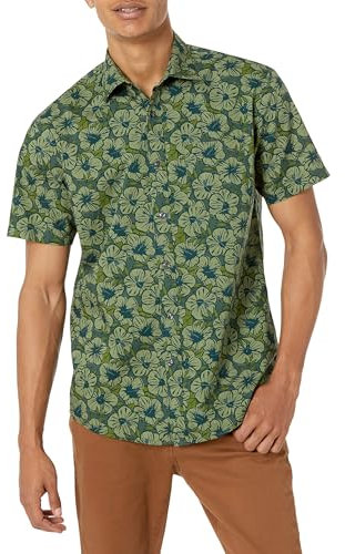 Amazon Essentials Men's Regular-Fit Short-Sleeve Print Shirt, Olive Flowers, XXL