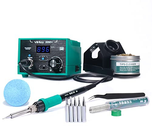 YIHUA 939D+ Digital Soldering Station(SE), 75W Equivalent,Precision Temp Control (392°F to 896°F) & Transformer. ESD Safe, Lead Free with °C/°F display + 5 Solder Tips, Solder & Extras. Fresh Green.