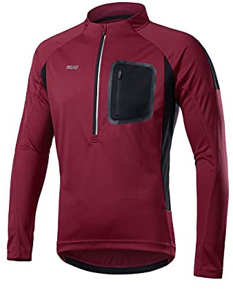 ARSUXEO Cycling Jersey Mens Long Sleeves Mountain Bike Shirt Half-Zip Cycle Jersey 4 Pockets Dark Red Size Medium