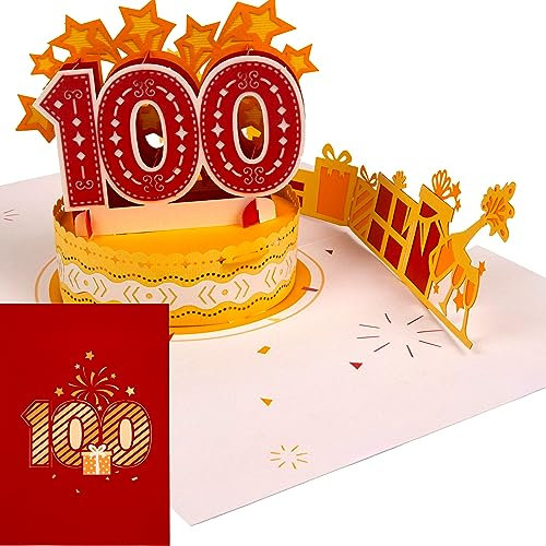 Liebessa Geburtstagskarte zum 100. Geburtstag (ROT) 3D Pop-Up Karte für Frau oder Mann - Handgemachte Jubiläum Glückwunschkarte, Geburtstagskarte mit Umschlag