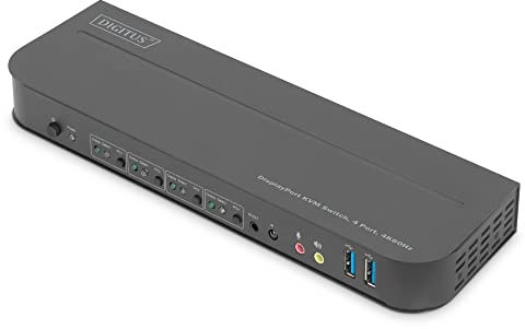 DIGITUS KVM-Switch DisplayPort – 4-Port Single-Display – 4 PC 1 Monitor – 1x Maus, Tastatur & Audio für 4 Computer – UHD 4K@60Hz (4096 x 2160p) – Hot-Key Umschalter – 2x USB 3.0 Hub – Schwarz