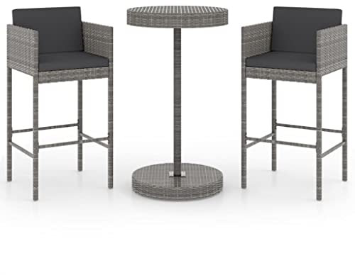 vidaXL Gartenbar Set 3-TLG. mit Kissen Theke Bar Tresen Gartentheke Bartisch Stehtisch Barhocker Barstuhl Gartenmöbel Poly Rattan Grau
