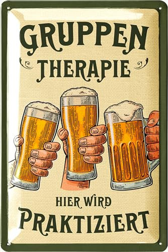 LANOLU Retro Blechschilder Bier - GRUPPENTHERAPIE Schild Bier - Bierschild - Kneipen, Partykeller, Irish pub, Tiki Bar Deko, Stammtisch Partyraum Deko - Vintage Metallschilder mit Sprüchen, 20x30cm
