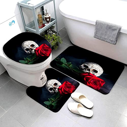 AOLIGL Badezimmermatte Set Skelett Rose Gothic Style 3D Drucken Teppich Badezimmer Badgarnitur 3teilig Mikrofaser Bath mat U-förmigen Contour Matte- WC Vorleger(40 x60 cm)