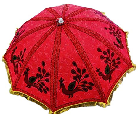 Garden Patio Umbrella, Fringe Beach Parasol, UV Protection Outdoor Umbrellas- Indian Garden Umbrellas Parasol Love Birds, Large Parasol Umbrellas Fine Handcrafted