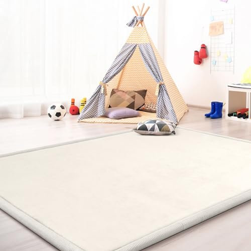 TT Home Krabbelmatte Babyzimmer Teppich Spielmatte Kinder Unifarben rutschfest Flauschig, Farbe: Beige Creme, Größe:120x160 cm
